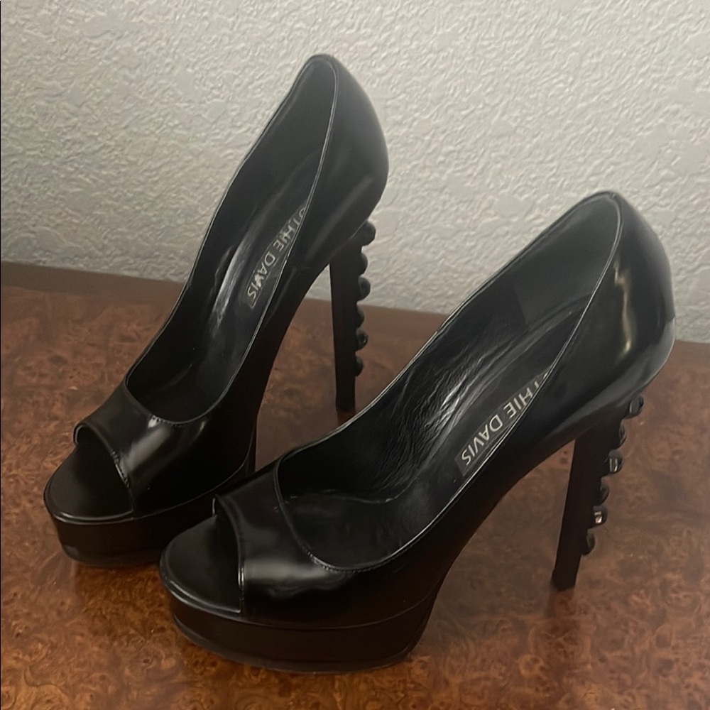 Ruthie Davis Black Stiletto Heels with Peep-Toe and Platform